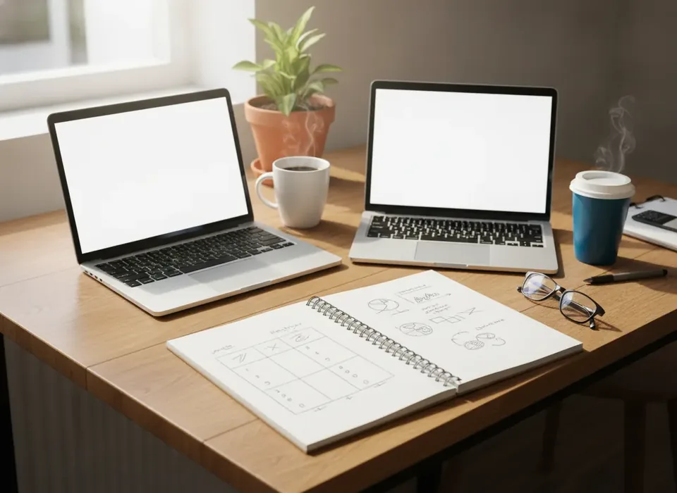 Notebook and laptops set up to compare software