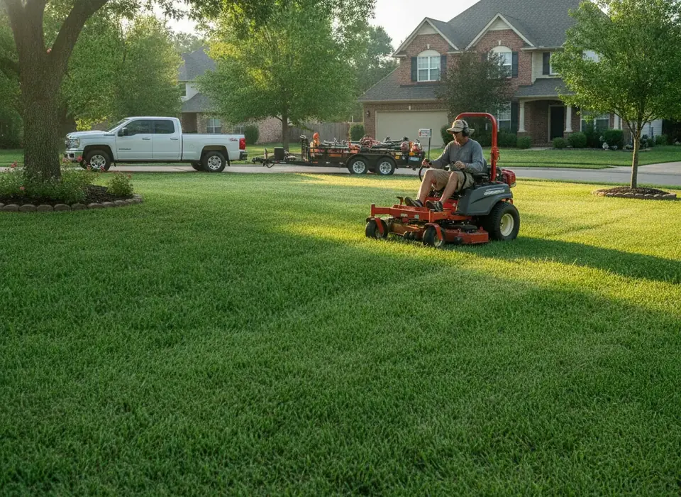 Lawn care operator measuring a yard on a phone from the curb