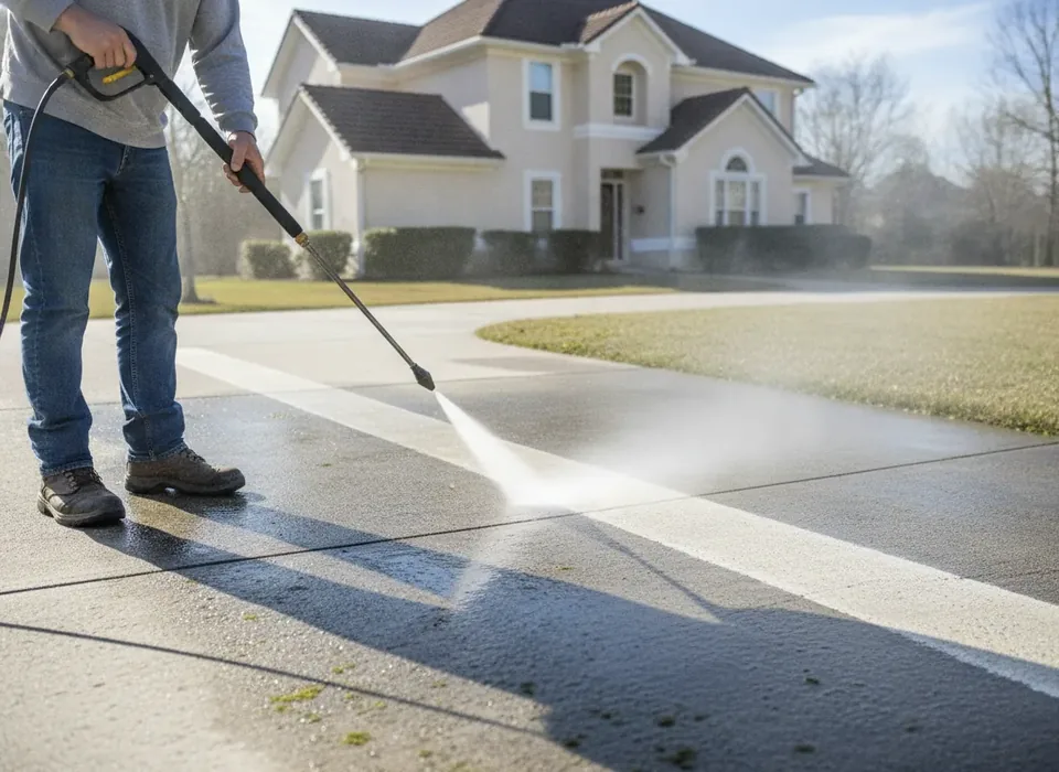 Illustration of a worker pressure washing a driveway